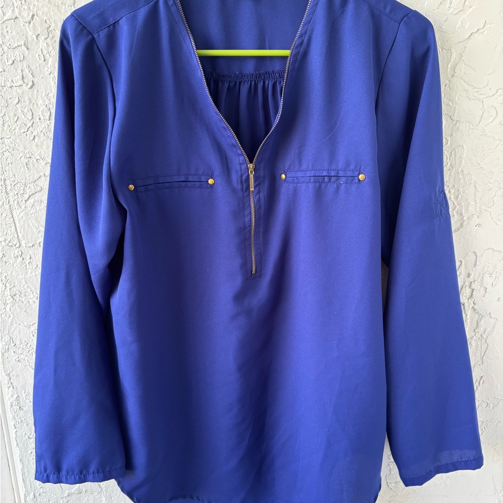 Millage Blue 3/4 Sleeve Mandarin Collar Blouse